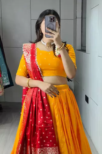 yellwo silk blend zari weaving lehenga choli