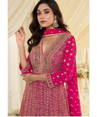 Pink georgette all over work anarkali gowns free size  2