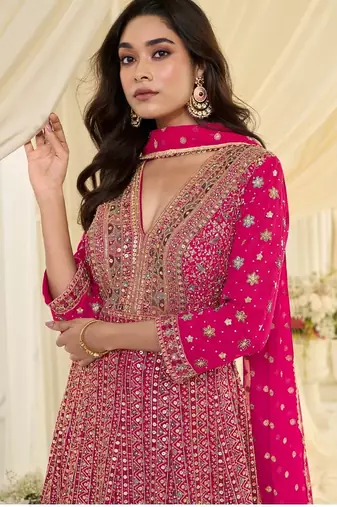Pink georgette all over work anarkali gowns free size 