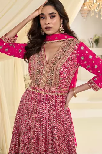 Pink georgette all over work anarkali gowns free size 