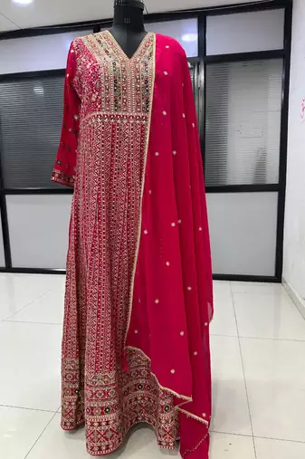 Pink georgette all over work anarkali gowns free size 