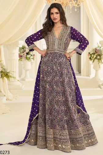 Purple georgette all over work anarkali gowns free size 