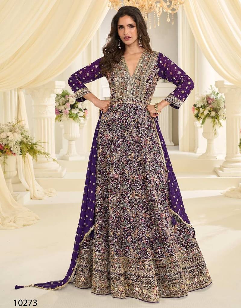 Purple georgette all over work anarkali gowns free size 