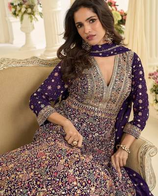 Purple georgette all over work anarkali gowns free size  2