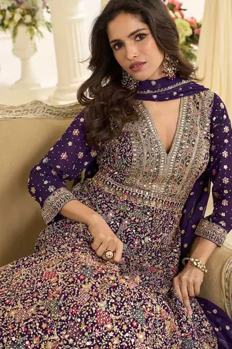 Purple georgette all over work anarkali gowns free size 