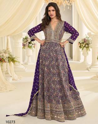 Purple georgette all over work anarkali gowns free size  4