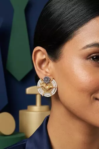 Ethnic gold & silver-tone bird statement earrings with pearl seed beads