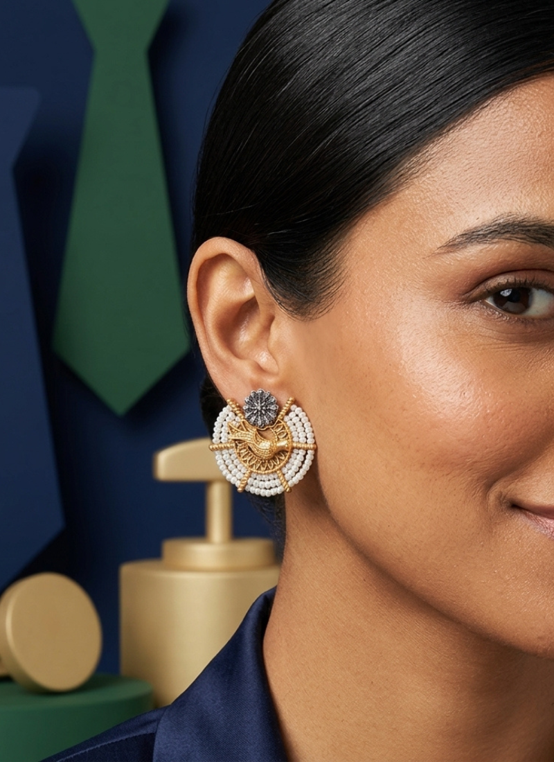 Ethnic gold & silver-tone bird statement earrings with pearl seed beads