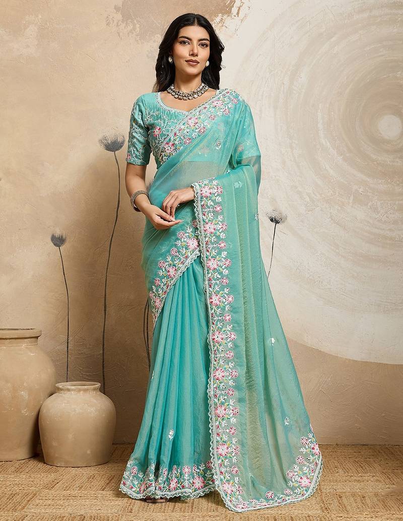 Designer Party Wear Floral Embroidery Saree