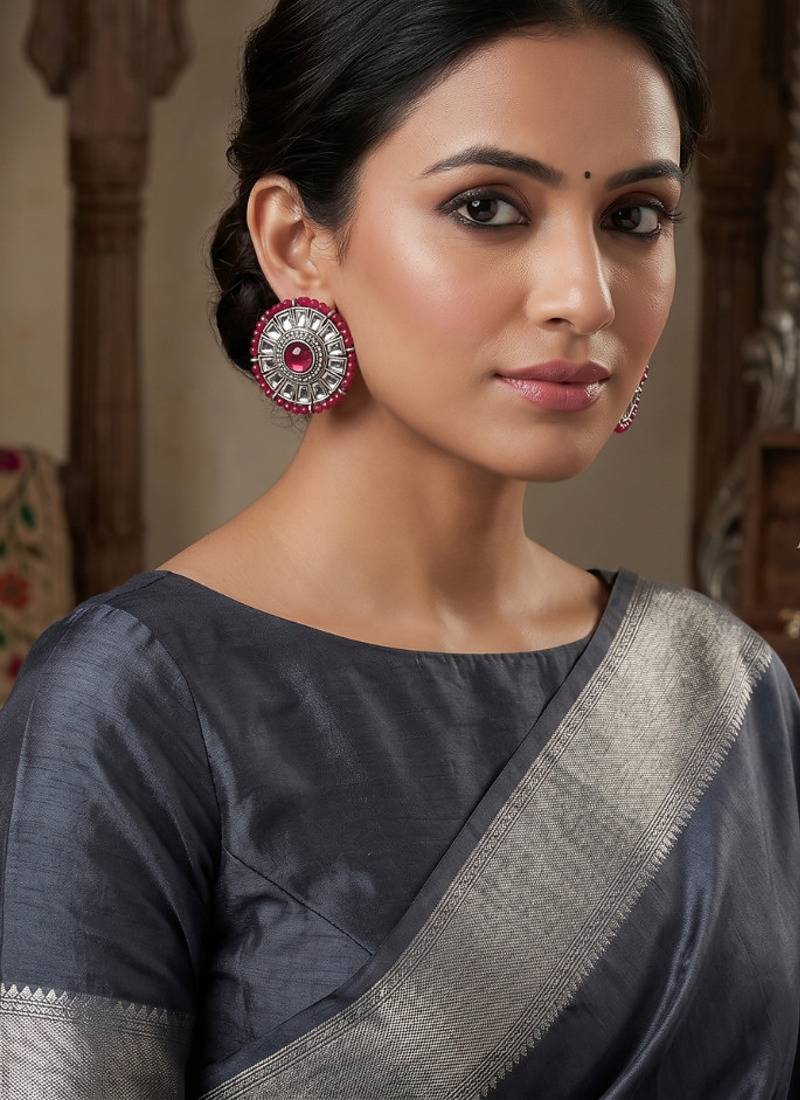 Traditional silver oxidized ruby red kundan stud earrings with beaded border for women