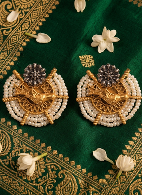 Ethnic gold & silver-tone bird statement earrings with pearl seed beads 1