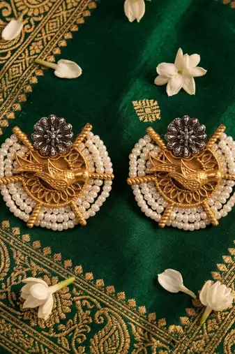 Ethnic gold & silver-tone bird statement earrings with pearl seed beads