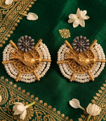 Ethnic gold & silver-tone bird statement earrings with pearl seed beads