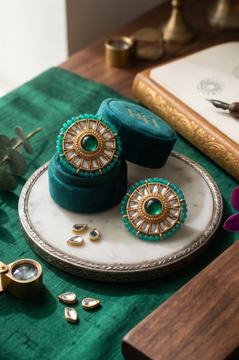Traditional gold emerald green kundan stud earrings with beaded border for women