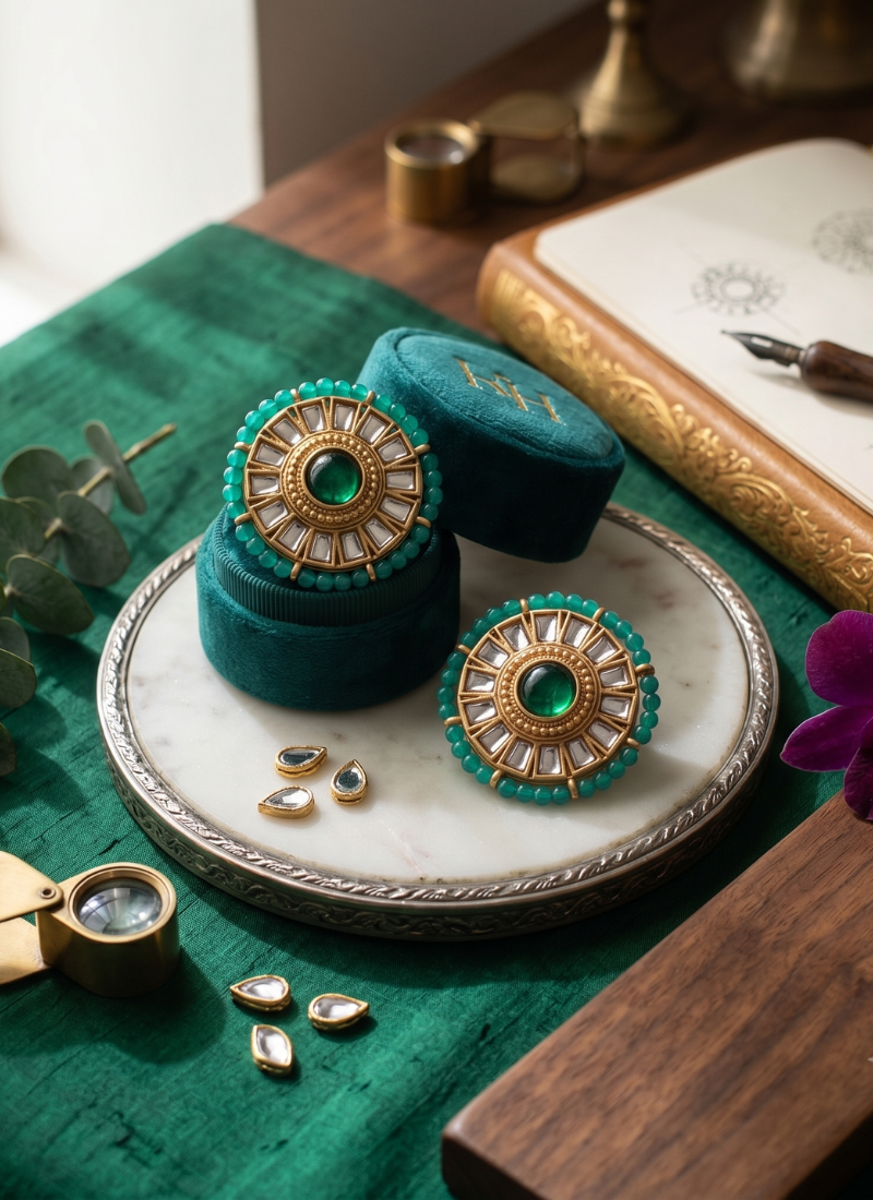 Traditional gold emerald green kundan stud earrings with beaded border for women