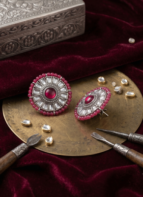 Traditional silver oxidized ruby red kundan stud earrings with beaded border for women 1