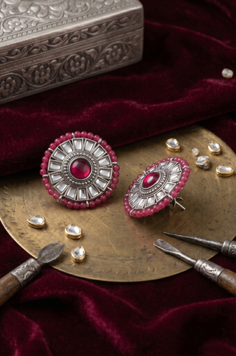 Traditional silver oxidized ruby red kundan stud earrings with beaded border for women