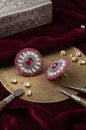Traditional silver oxidized ruby red kundan stud earrings with beaded border for women