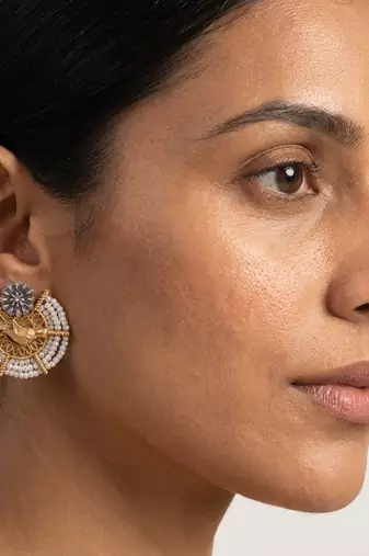 Ethnic gold & silver-tone bird statement earrings with pearl seed beads