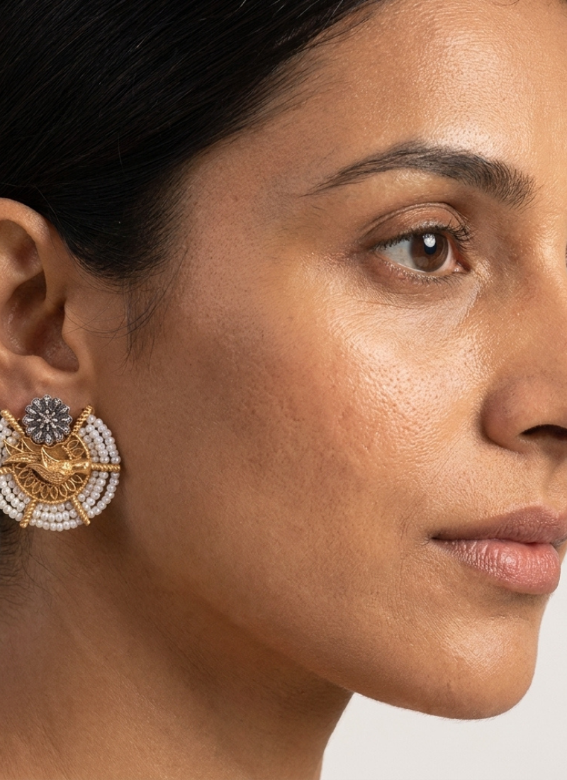 Ethnic gold & silver-tone bird statement earrings with pearl seed beads