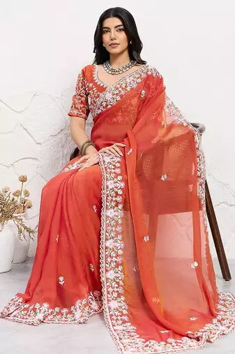 Designer Party Wear Floral Embroidery Saree