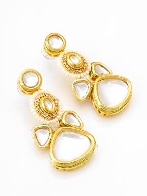 gold plated multi-tier kundan drop earrings with pearl halo and polki stones 2