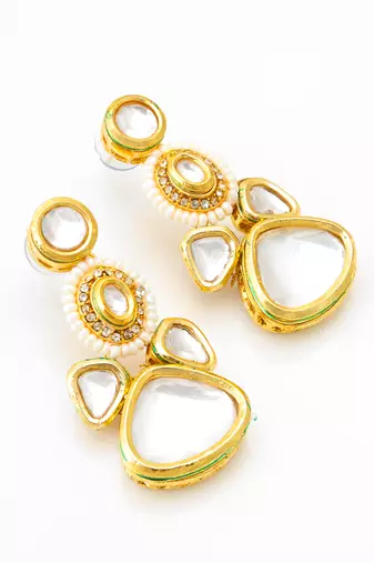 gold plated multi-tier kundan drop earrings with pearl halo and polki stones