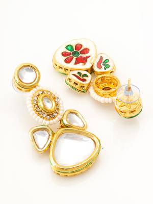 gold plated multi-tier kundan drop earrings with pearl halo and polki stones 3