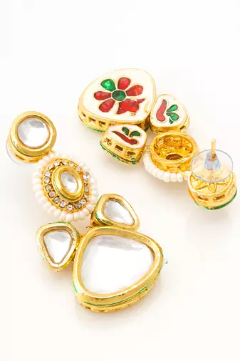gold plated multi-tier kundan drop earrings with pearl halo and polki stones