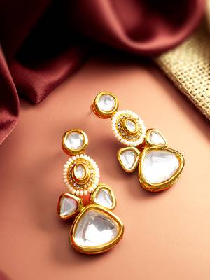 gold plated multi-tier kundan drop earrings with pearl halo and polki stones 5