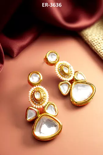gold plated multi-tier kundan drop earrings with pearl halo and polki stones