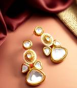 gold plated multi-tier kundan drop earrings with pearl halo and polki stones