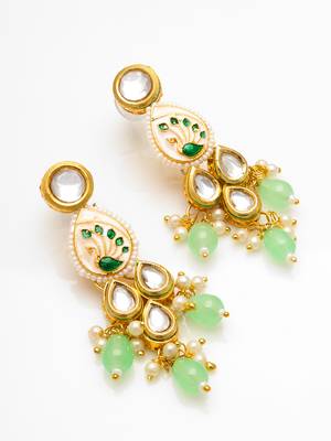 gold plated kundan earrings with meenakari peacock motif and stone drops 2