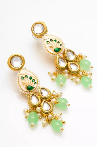 gold plated kundan earrings with meenakari peacock motif and stone drops