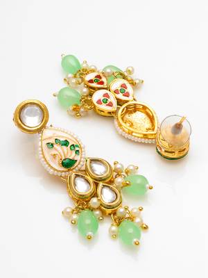 gold plated kundan earrings with meenakari peacock motif and stone drops 3