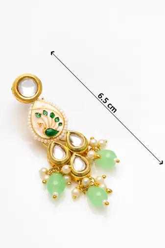gold plated kundan earrings with meenakari peacock motif and stone drops