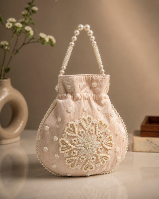 peach pearl embroidered potli bag  1
