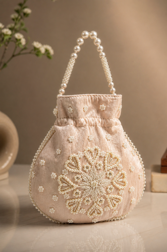 peach pearl embroidered potli bag 