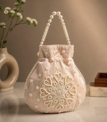 peach pearl embroidered potli bag 