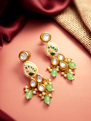 gold plated kundan earrings with meenakari peacock motif and stone drops 5