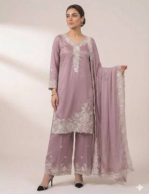 Lavender french crape sequence embroidered palazzo suit 2