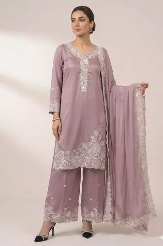 Lavender french crape sequence embroidered plazzo suit