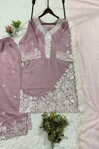 Lavender french crape sequence embroidered plazzo suit
