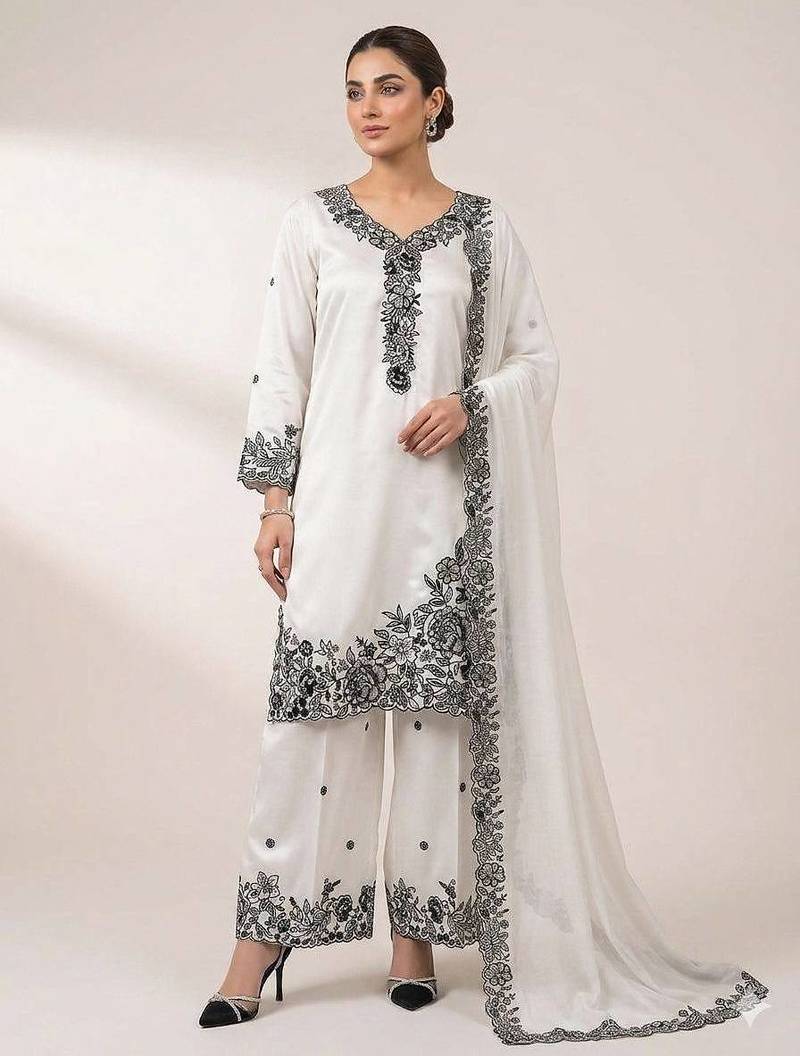 White french crape sequence embroidered plazzo suit