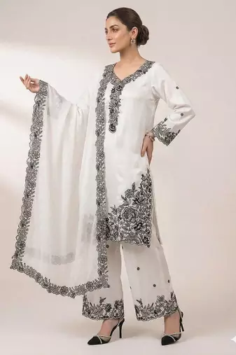 White french crape sequence embroidered plazzo suit
