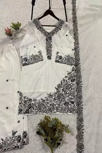 White french crape sequence embroidered plazzo suit