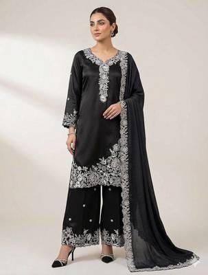 Black french crape sequin embroidered palazzo suit 1