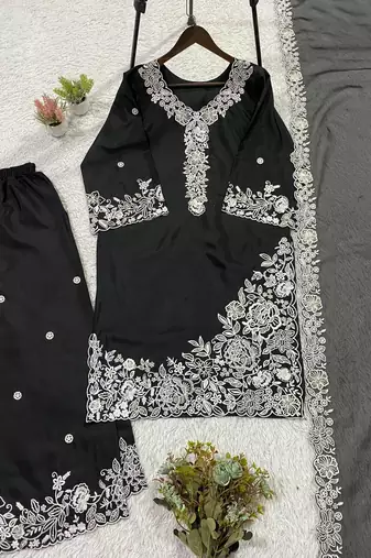 Black french crape sequin embroidered plazzo suit