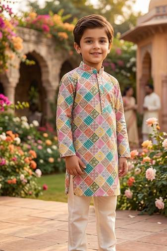 Multicolour printed cotton kurta set