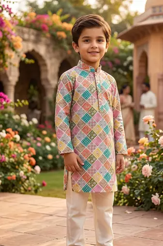 Multicolour printed cotton kurta set